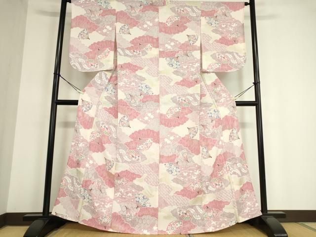 平和屋着物▽上質な小紋 単衣 雲取扇面花文 金銀彩