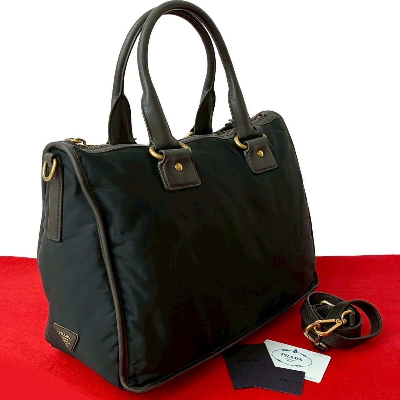 極 美品 PRADA プラダ 三角ロゴ 金具 ナイロン レザー 本革 2way