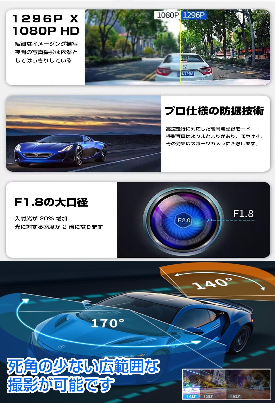 2023業界初登場ドライブレコーダー 前後2カメラ 4インチ液晶画面 1296P