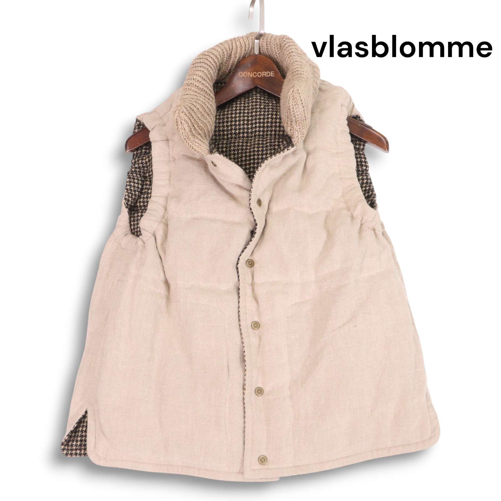 Vlas Blomme ヴラスブラム 秋冬 2way リバーシブル♪ 千鳥柄 ニット切替 リネン ウール ダウン ベスト Sz.1 レディース