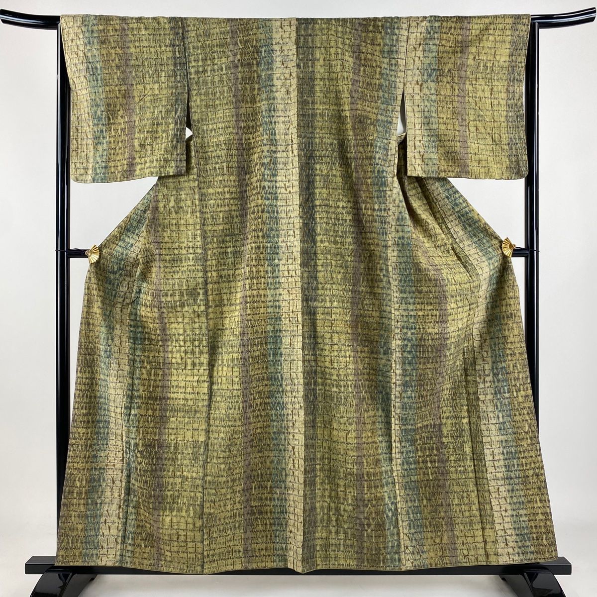 小紋 身丈158.5cm 裄丈65cm M 袷 紬地 縞 幾何学模様 絞り 茶緑色 正絹 秀品