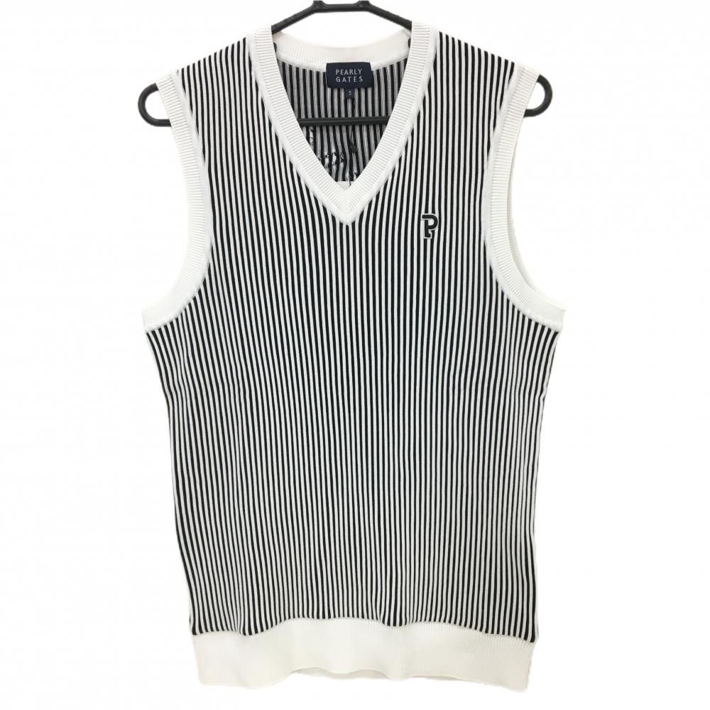 パーリーゲイツ ニットベスト 白×黒 ストライプ 後ろビッグロゴ Vネック メンズ 5 L ゴルフウェア 2025年モデル PEARLY GATES