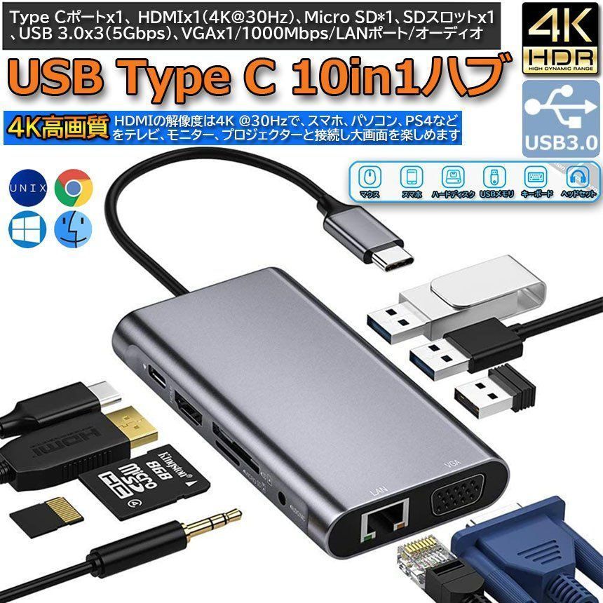 ハブ USB C ハブ HUB 10in1 100WPD出力対応 4K対応 ディスプレイ2台出力可能 10ポート ドッキングステーション タイプc ハブ Mac Air MacBook Pro 13/15 Thunderbolt 3 cZyX317