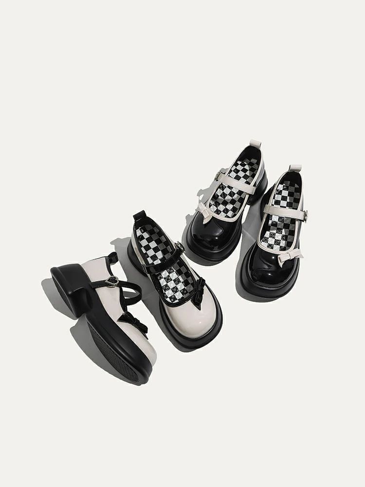 【セール】ストラップ パンプス 太ヒール 厚底 PUレザーメリージェーン靴 リボン 黒白 可愛い きれいめ 厚底靴 レディース 学生 卒業 発表会 女性用 個別調節