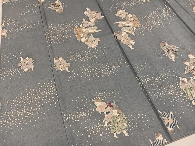 平和屋着物○上質な小紋 紬地 友禅 童子 正絹 逸品 AAAZ0552ph