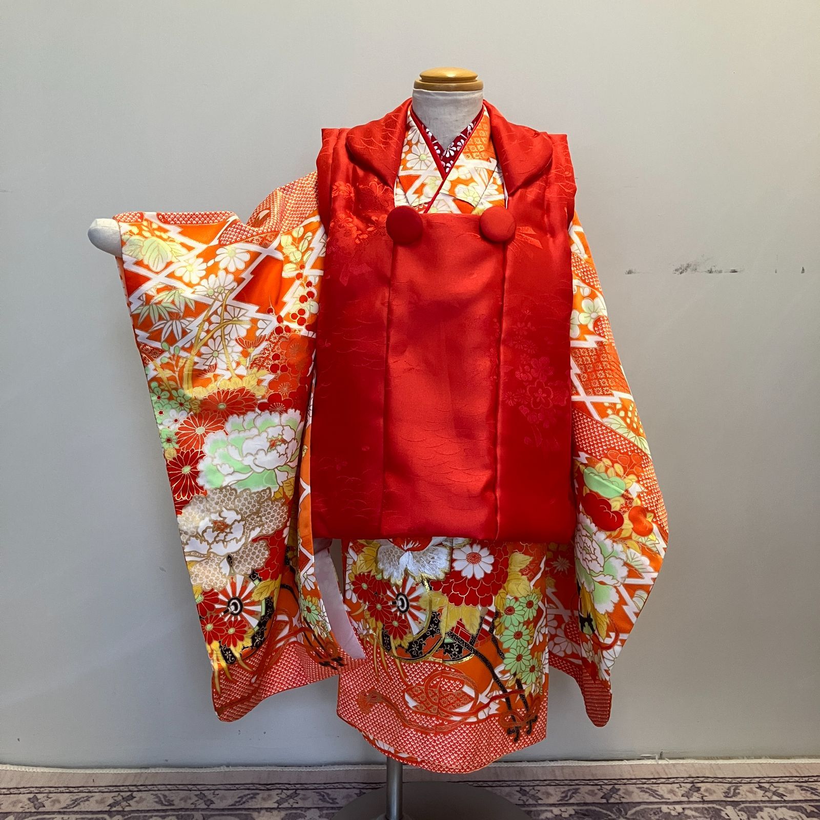 408ag70着物のみ◎七五三 三歳 女児 着物&被布&長襦袢 セミアンティーク 美品】七五三3歳女の子着物・半襦袢・被布セット 身長～90cm前後