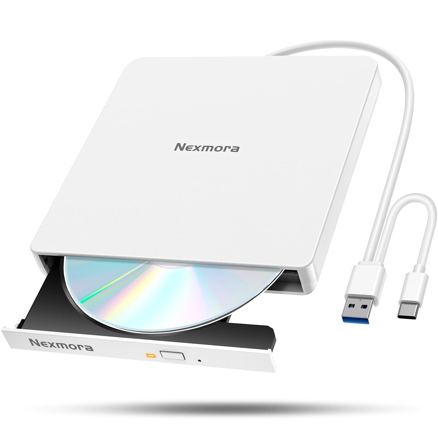 ホワイト 【2024革新型・高速USB3.0対応】 CD ドライブ 外付け 静音 プレーヤー 外付けドライブ USB3.0＆Type-C両接続 読取/書込可 CDプレーヤー バスパワー駆動 外付けCDドライブ 軽量 薄型 光学ド
