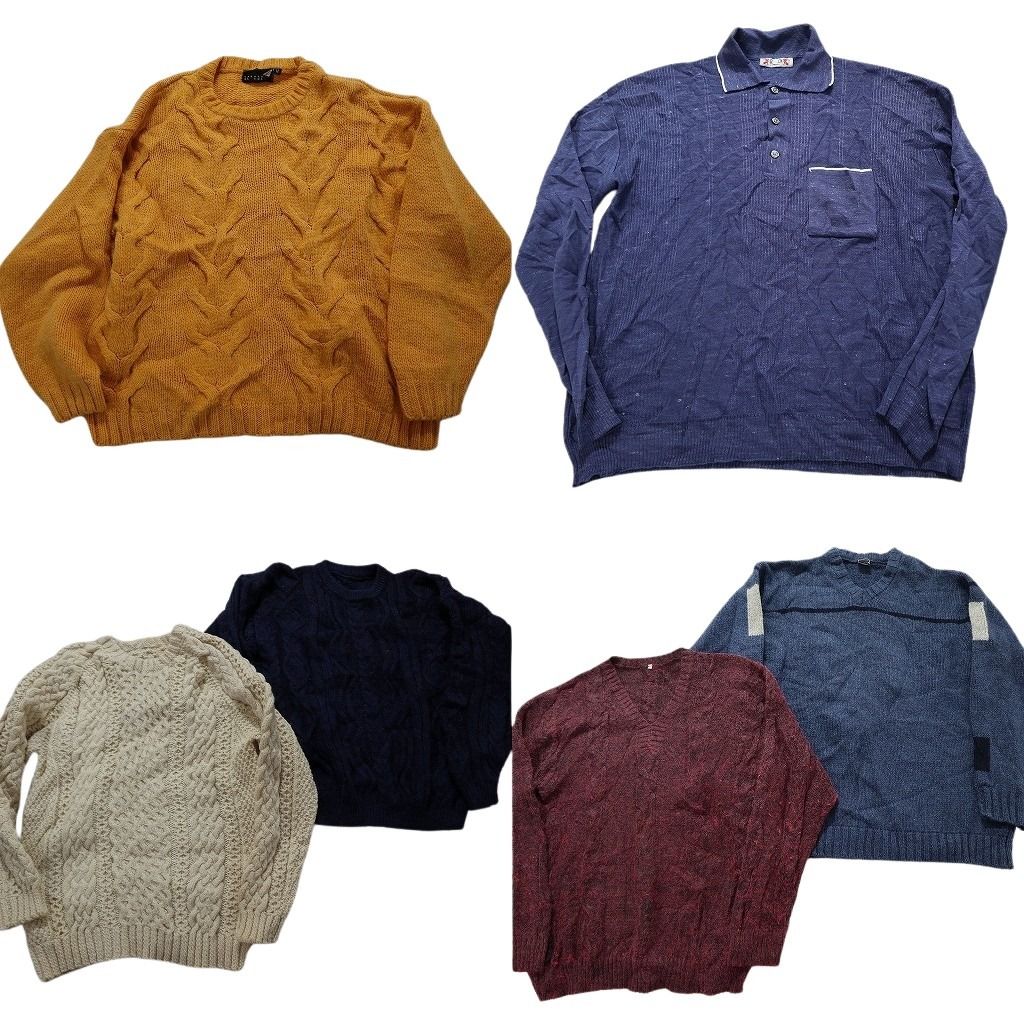 古着卸 まとめ売り 混紡素材  無地ニットセーター 6枚セット (メンズ M /L ) ケーブル編み ニットポロ Vネック デザイン系 カラー系 MW9442