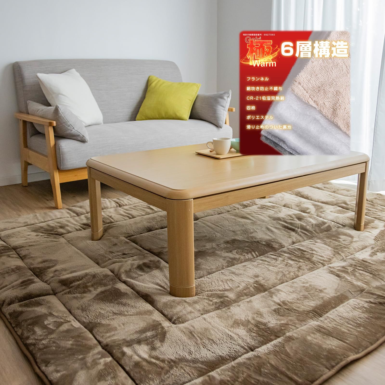 Colorsroom こたつ敷布団 正方形 厚ラグ 190×190cm 6層構造 厚36㎜×CR-21吸湿発熱綿 コタツ敷布団 冬用 フランネル生地 あったか 厚手 滑り止め付き 床暖房対応 防音遮音 こたつ敷き布団 ラグ 2畳 カーペット おしゃれ