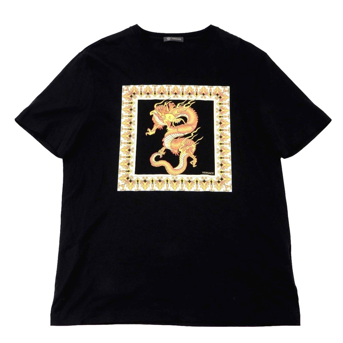 美品 ヴェルサーチ ドラゴンプリント 半袖Ｔシャツ メンズ 黒 黄色 白 2XL VERSACE