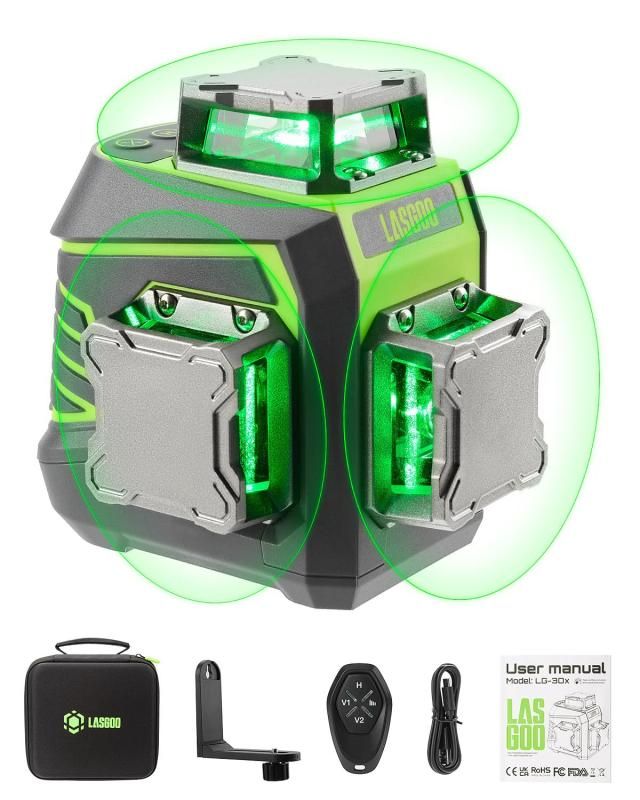 LasGoo LG-3Dx グリーンレーザー墨出し器 3x360° 3D 墨出しレーザーセルフレベリング 水平器 レーザー ビルドとアライメント用 充電式バッテリー リモコン 磁気回転スタンド