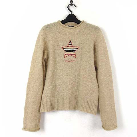 バーバリー ロンドン BURBERRY LONDON ニット セーター モヘア ウール シャギー 長袖 ノバチェック スパンコール装飾 ロゴ 刺繍 160A キャメルブラウン 茶色 正規品