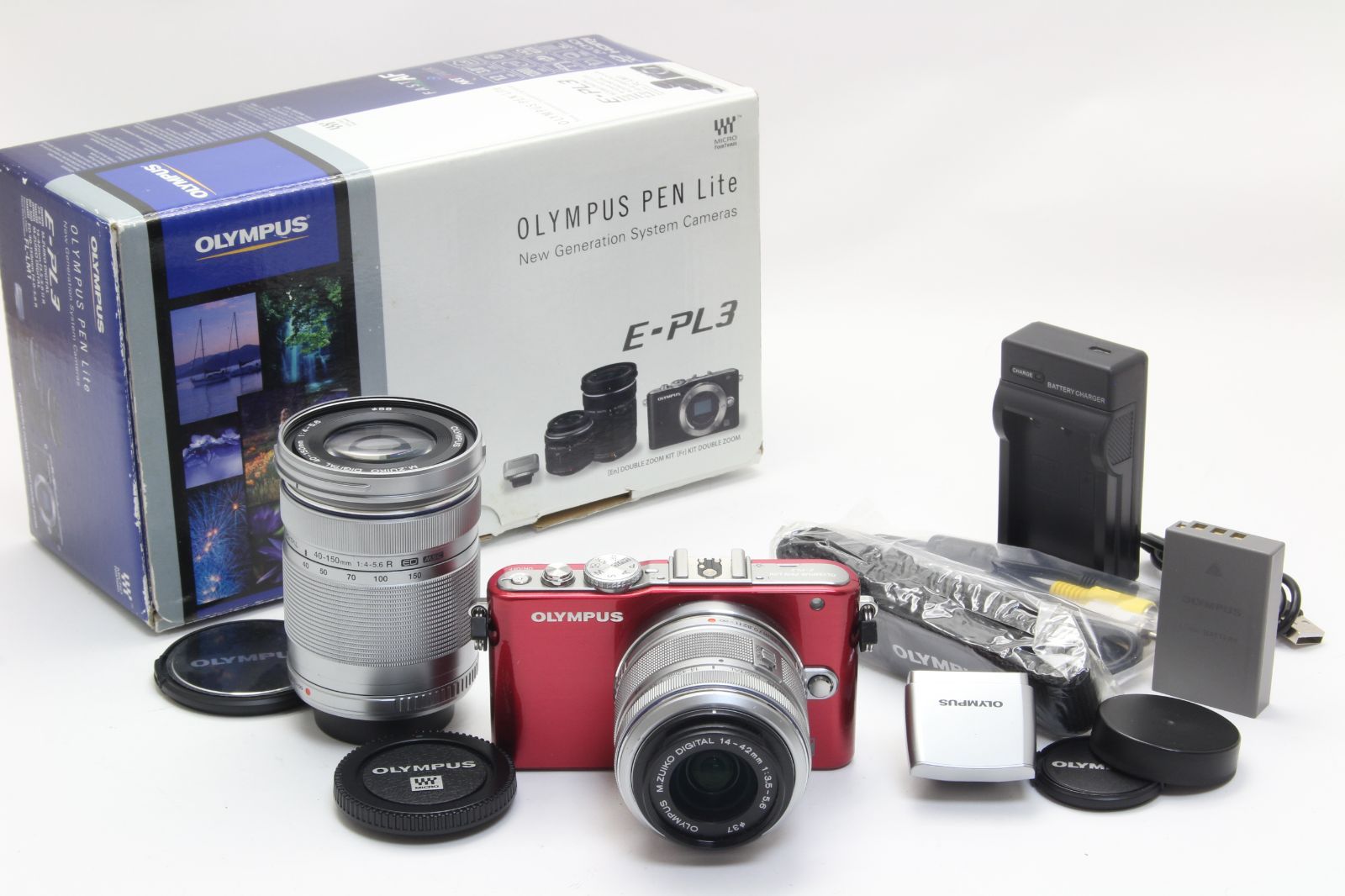AB OLYMPUS オリンパス PEN E-PL3 レッド ダブルズームレンズ 14-42 40-150mm ショット数1413回 初期不良返品無料 4-129