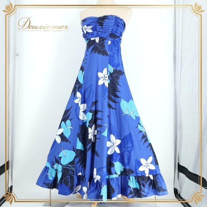 フラダンス用ドレス 青と緑の花柄 フラダンス 衣装 ワンピース ドレス