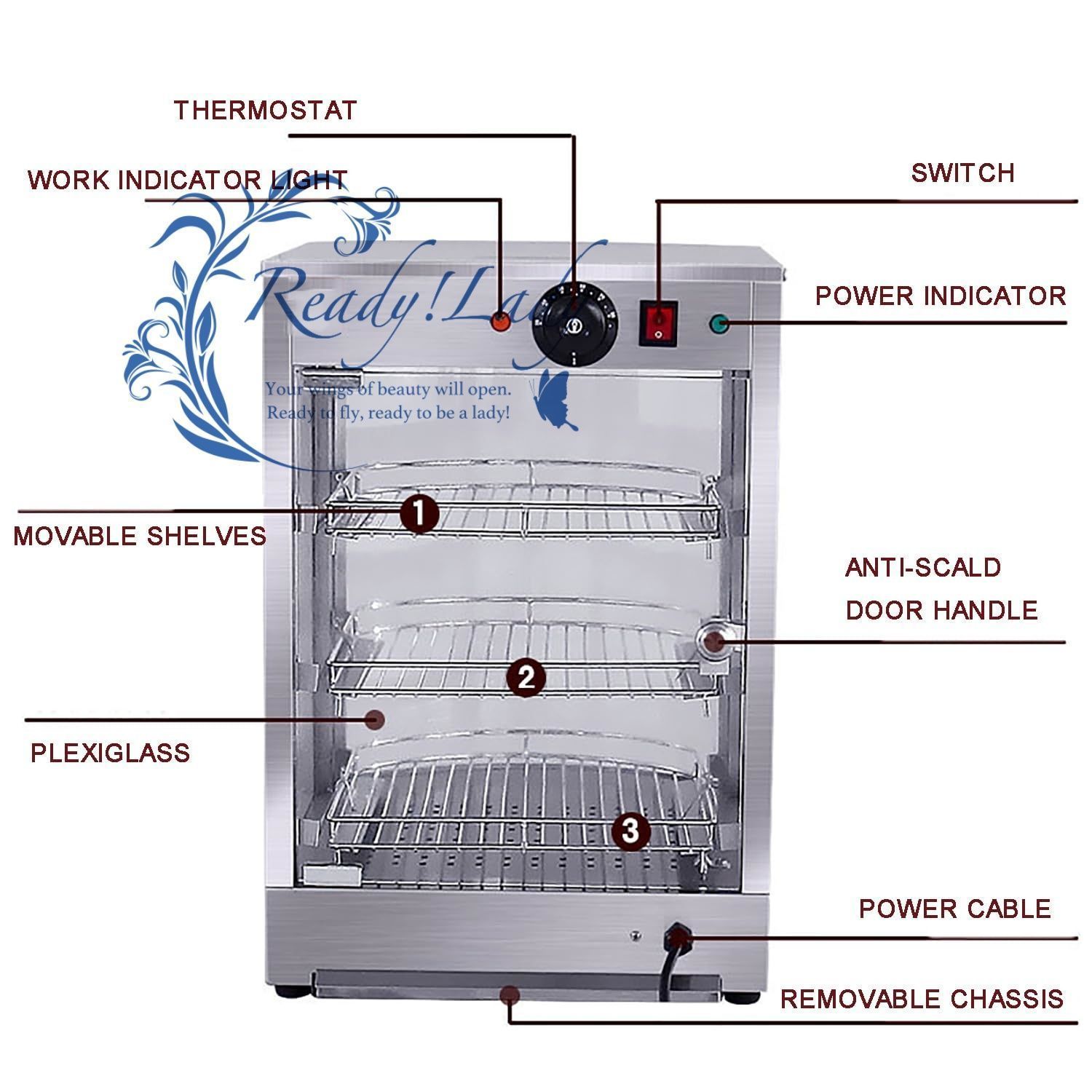 ホットフードディスプレイキャビネットウォーマー 照明付き 3段ステンレススチールフードウォーマー 0.8KW温度範囲30?85℃ WWW_KANDAIZUMI_COM