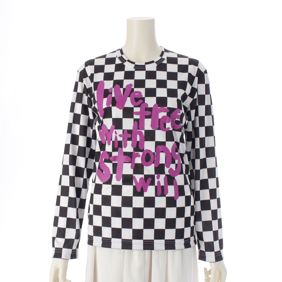コムデギャルソン AD2025 メッセージプリント チェッカー カットソー RM-T025 ブラック×ホワイト×パープル XS