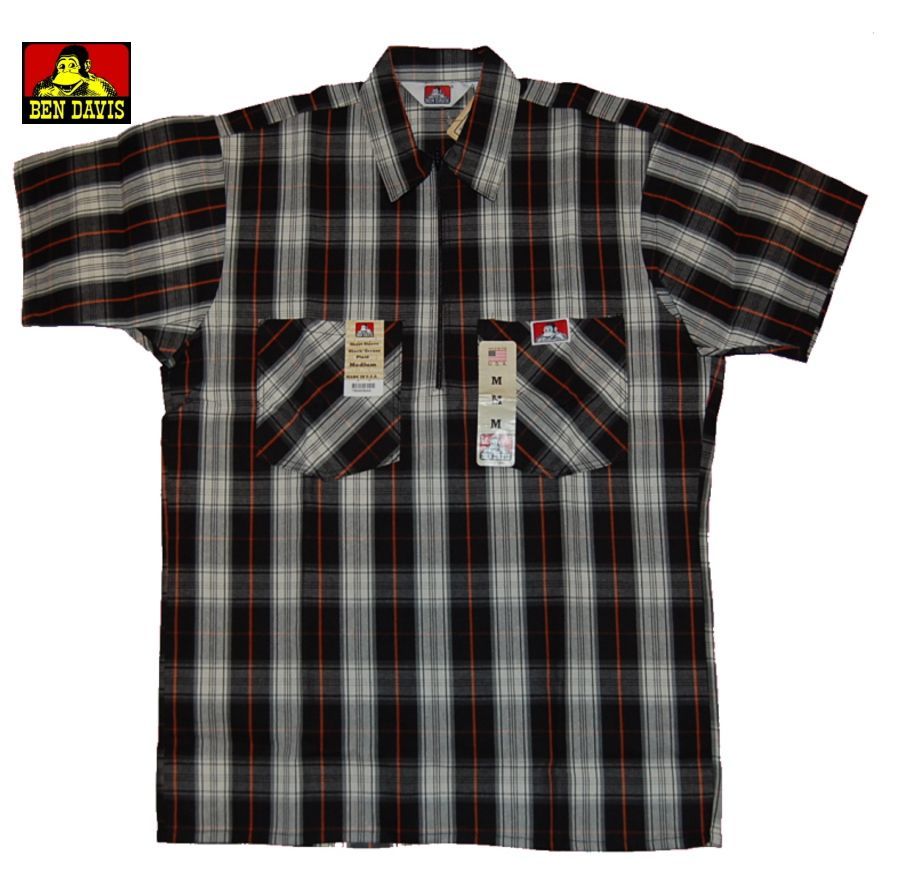 BEN DAVIS ベンデイビス ハーフジップ ワークシャツ 半袖チェック BLACK×CREAM M