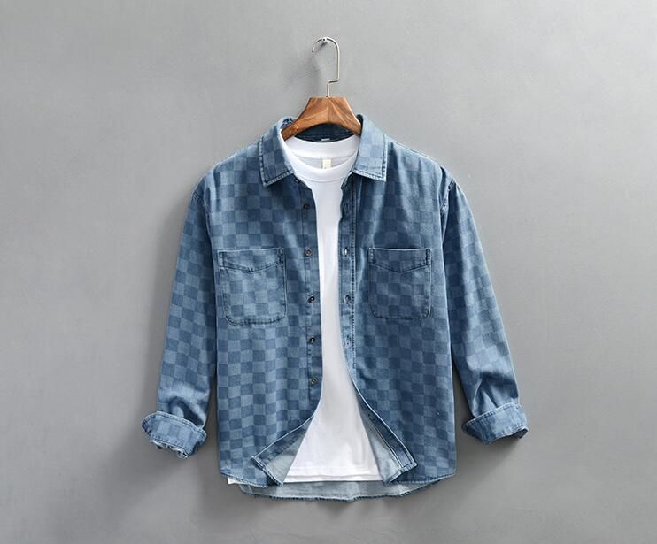 春新品 長袖シャツ メンズ デニムシャツ 極美品 チェック柄 デニムジャケット ヴィンテージ 超希少 カジュアルシャツ ライトブルー