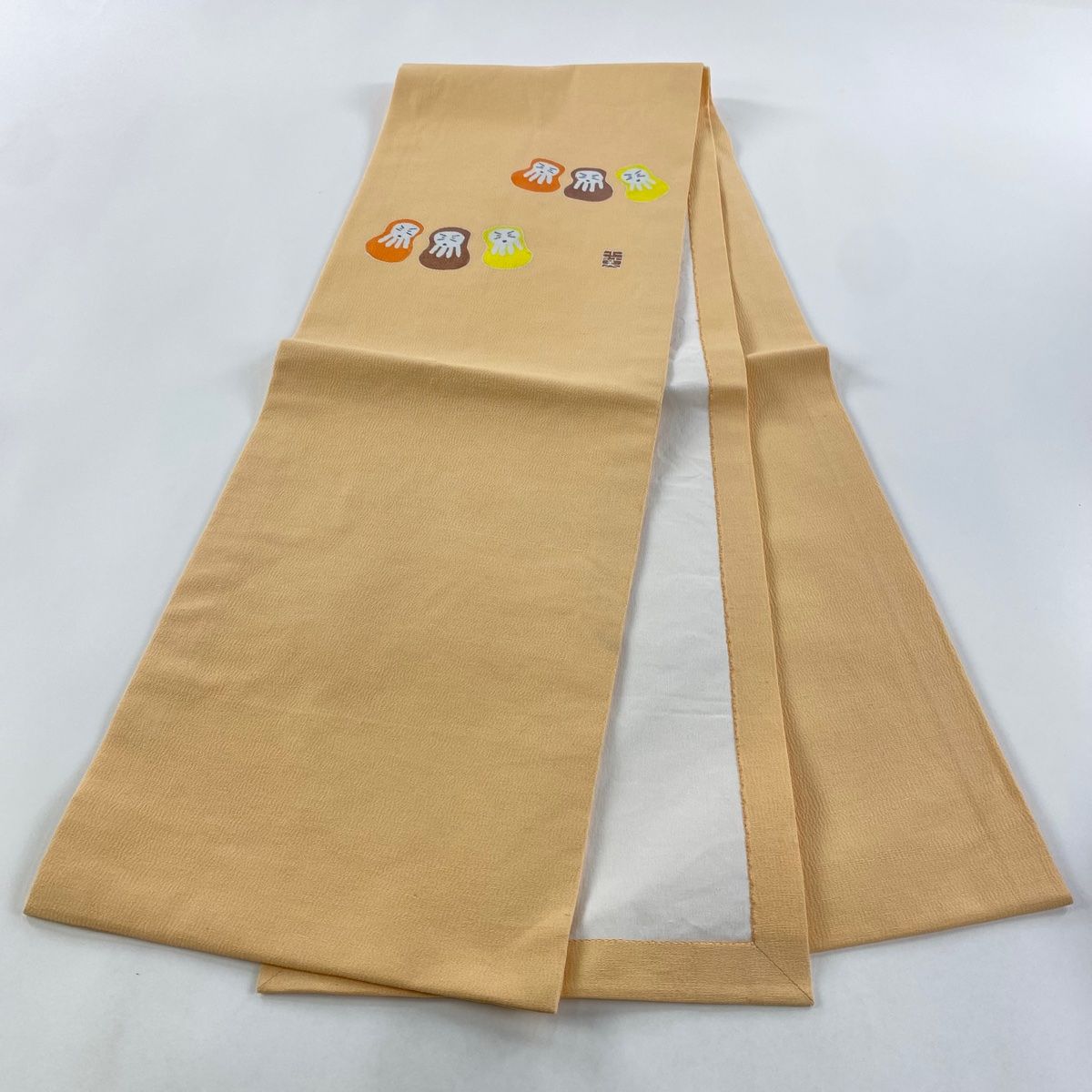 縮緬　ちりめん　生機　きばた　別織　瑞星 開き名古屋帯 美品 名品 落款 達磨 縮緬 薄オレンジ 正絹 【中古