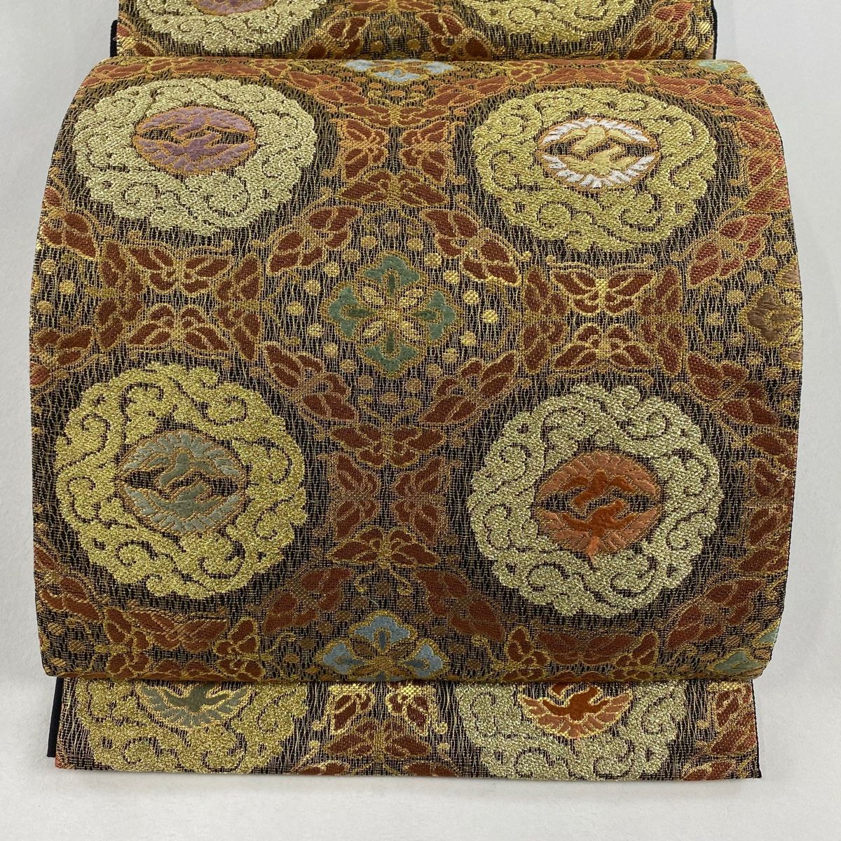 SO-619 袋帯 六通 正絹 花車 唐織 高級 特選 金糸 袋帯 名品 向かい鳥 花菱 金糸 唐織 金色 六通 正絹 【中古