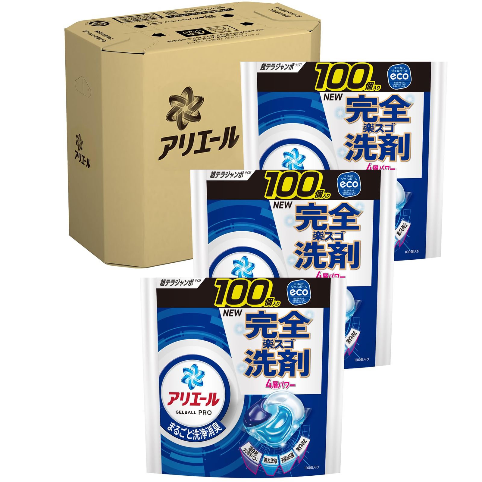 アリエール 洗濯洗剤 ジェルボール プロ まるごと洗浄消臭 清潔でさわやかな香り 詰め替え 100個ｘ3袋 大容量 ケース品