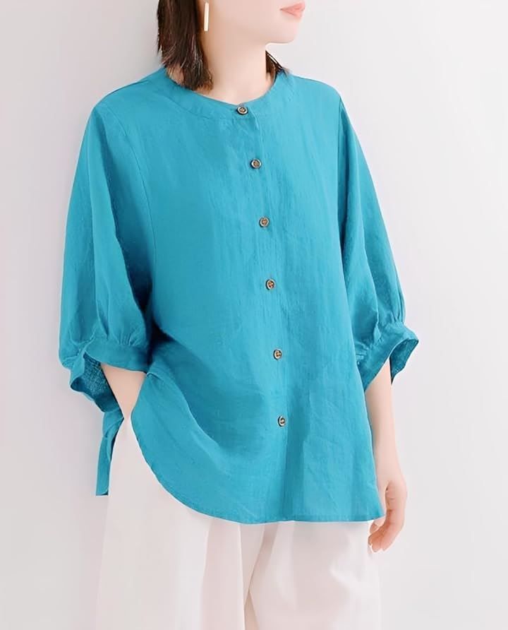 ENFOLD 青色 ボタン付き 長袖シャツ ENFOLD エンフォルド スタンド