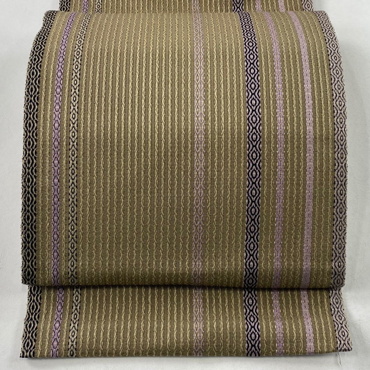 名古屋帯 名品 八寸名古屋帯 松葉仕立て 縞模様 幾何学模様 茶緑色 正絹