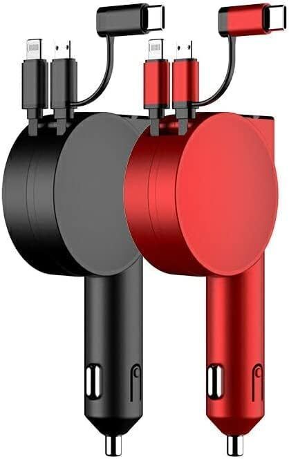 【在庫処分】車載充電器 カーチャージャー iPhone 充電 リール式 車載 シガーソケット 車載用充電器 携帯充電器 充電器 ブラック レッド (レッド)