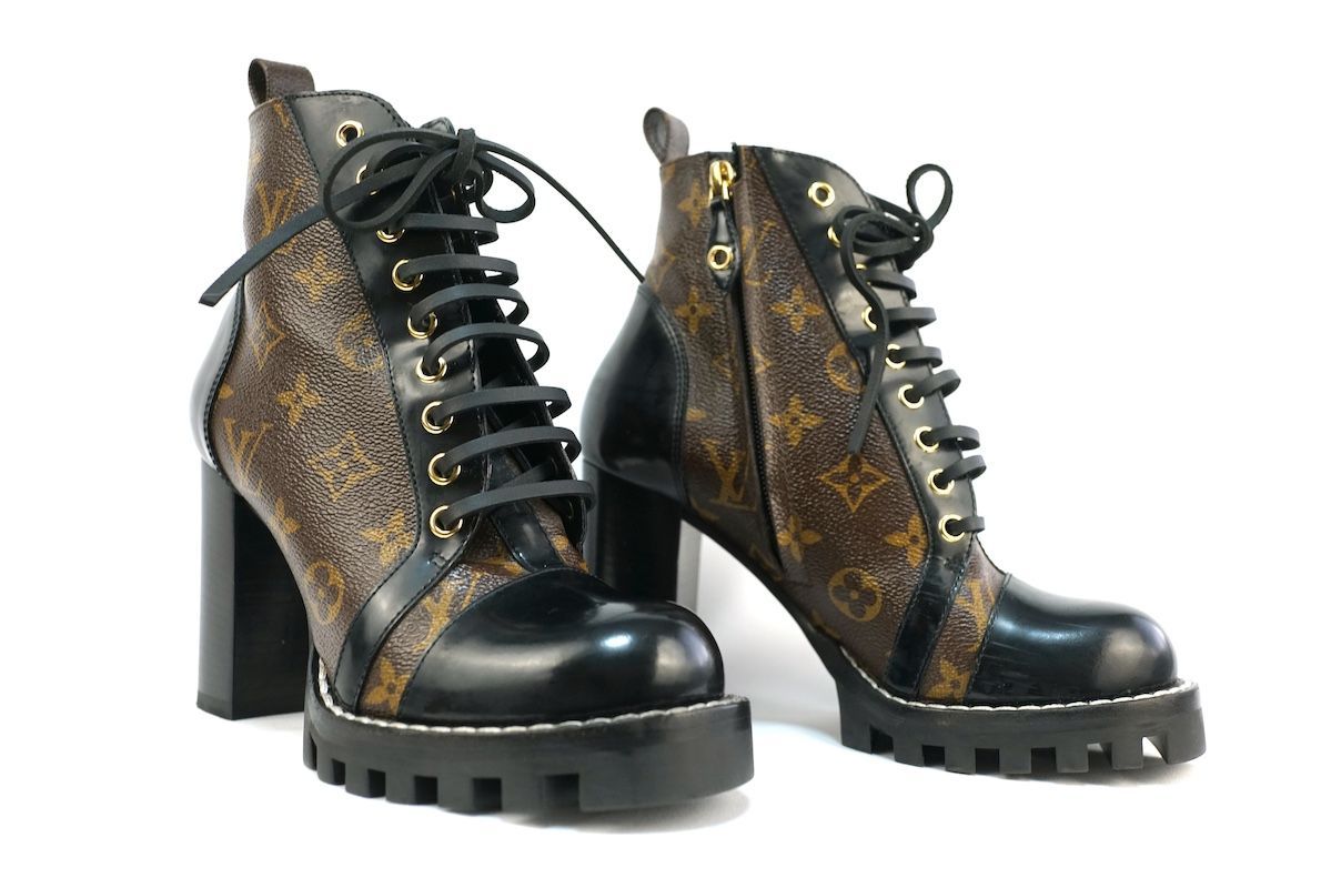 LOUISVUITTON ルイヴィトン スタートレイル ライン アンクル ブーツ レースアップ サイドジップ モノグラムキャンバス レザー ブラウン ブラック 37サイズ 約24cm 1A2Y7W