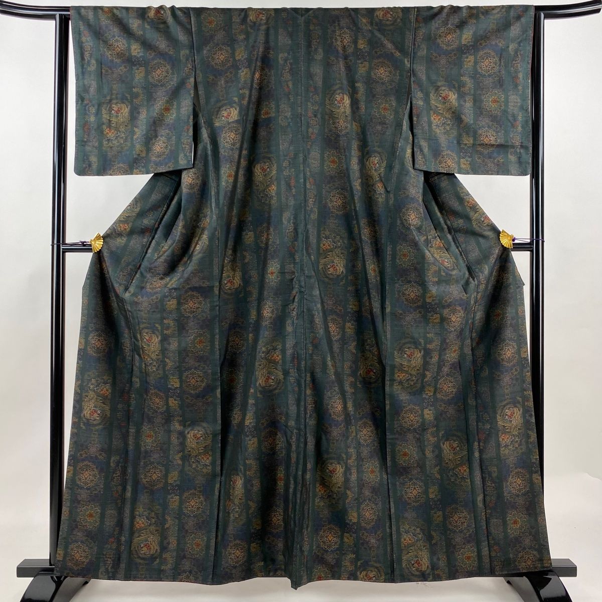 大島紬 身丈160.5cm 裄丈63.5cm S 袷 純泥染 証紙 華文 鳳凰 深緑 正絹 名品
