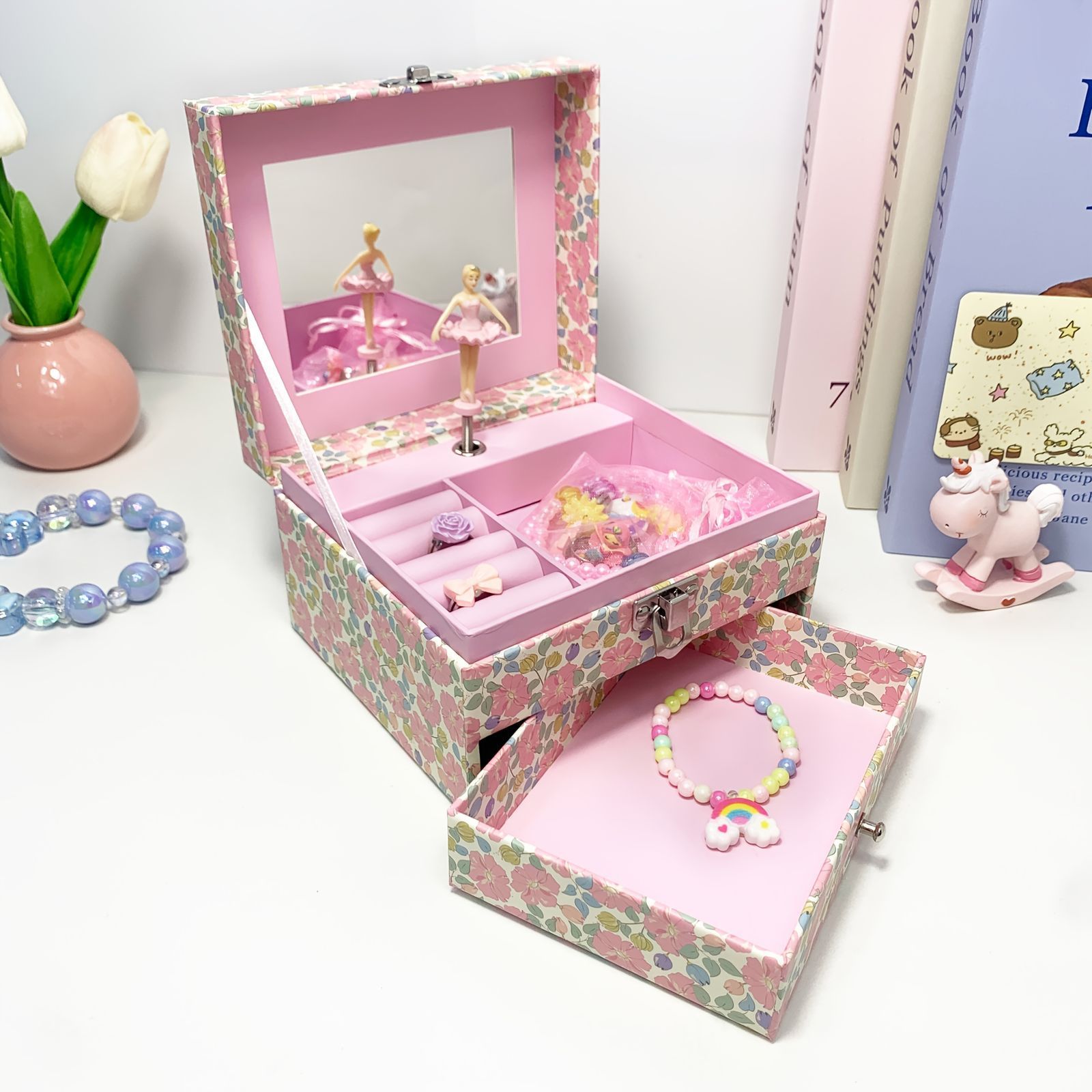 メル花子　ジュエリーボックス ジュエリーボックス 音楽付き ピンク 花のデザイン M250409-383