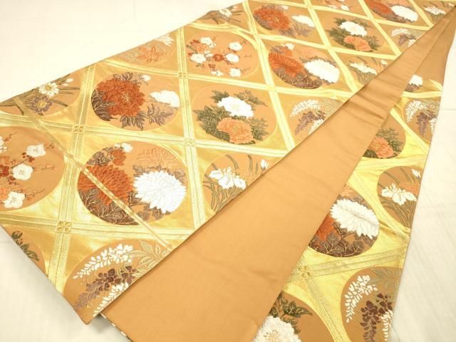 平和屋着物○西陣 河合美術織物謹製 六通柄袋帯 唐織 草花文 金糸 正絹