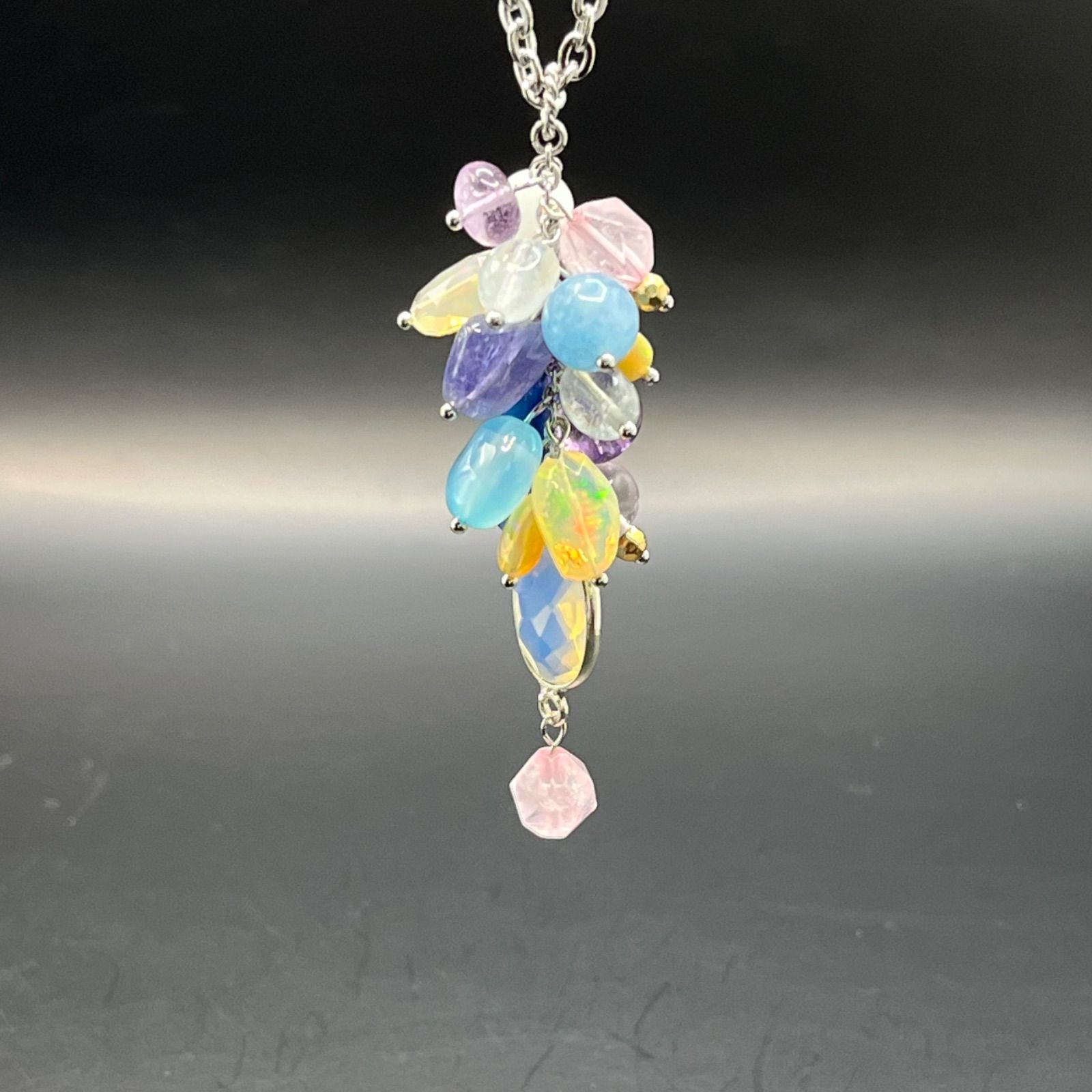 14kgf 天然石スコロライト、アメトリン、真珠のロングネックレス