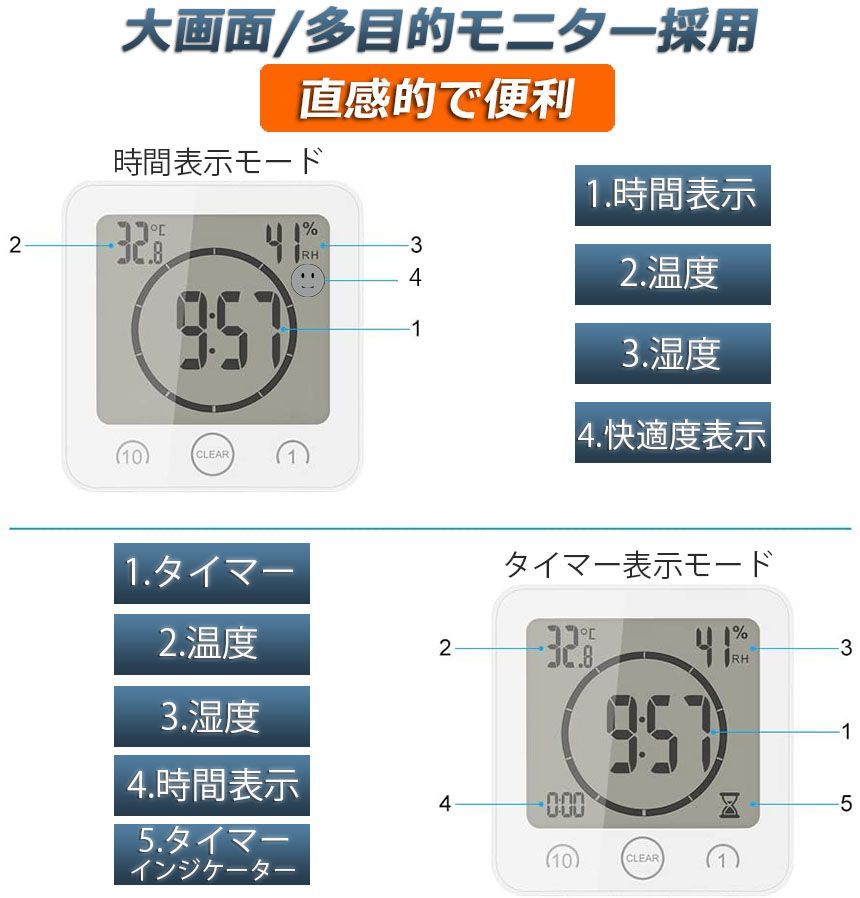 デジタル時計 防水 タイマー 温湿度計 半身浴クロック お風呂時計 温度計 湿度計 熱中症 壁掛け 卓上置き マグネット 吸盤 浴室 バス  nzvIY1TOTZ, 家具、インテリア - www.kalasinpit.ac.th