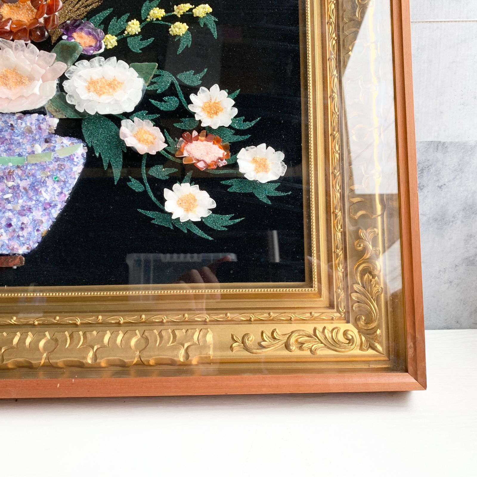 ストーンアート 山梨美術 手工芸 美術品 石細工 貴石画 天然石 花 額縁