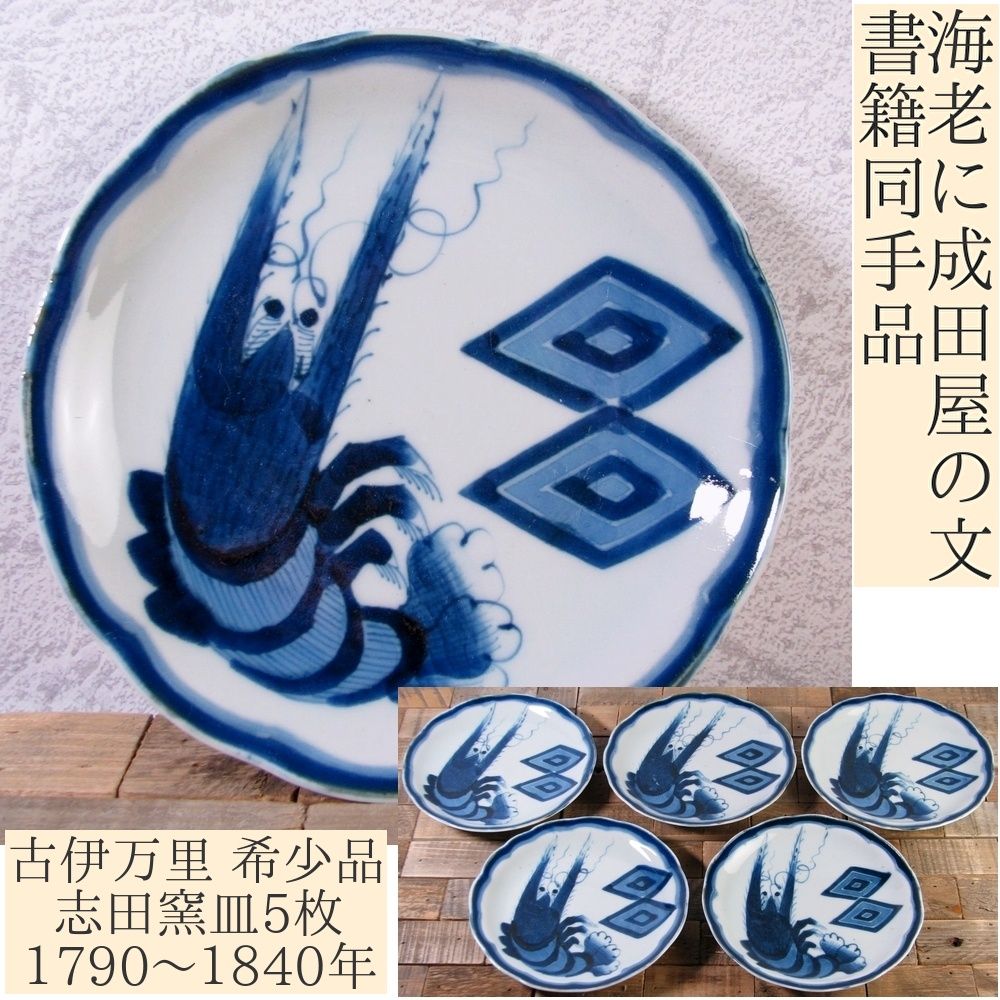 古伊万里 希少品 志田窯皿5枚 染付 海老に成田屋の文 幅：17cm