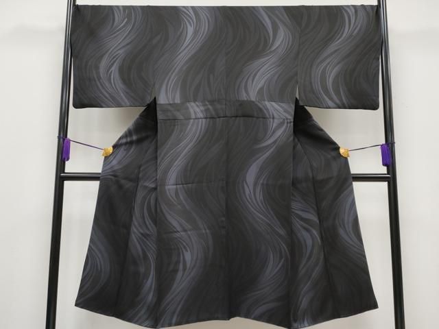 平和屋本店□極上 男性 小紋 墨流し文様 暈し染め 黒地 逸品