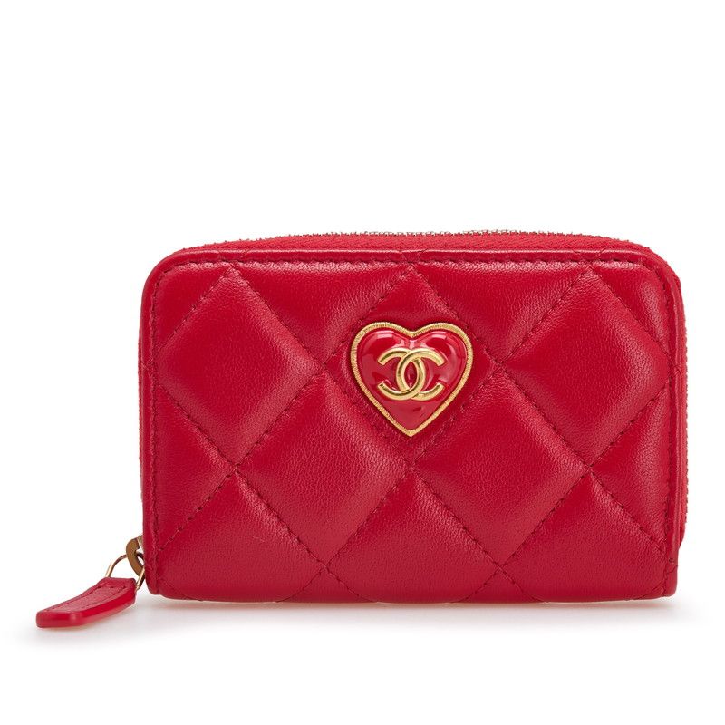 シャネル マトラッセ ココマーク ハート ラウンドファスナー コインケース レッド ラムスキン レディース CHANEL 234-32560