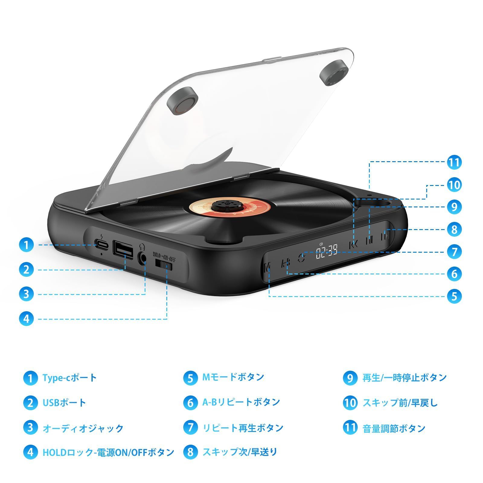 Gueray CDプレーヤー ポータブル Bluetooth 1200mAh充電池内蔵 CD
