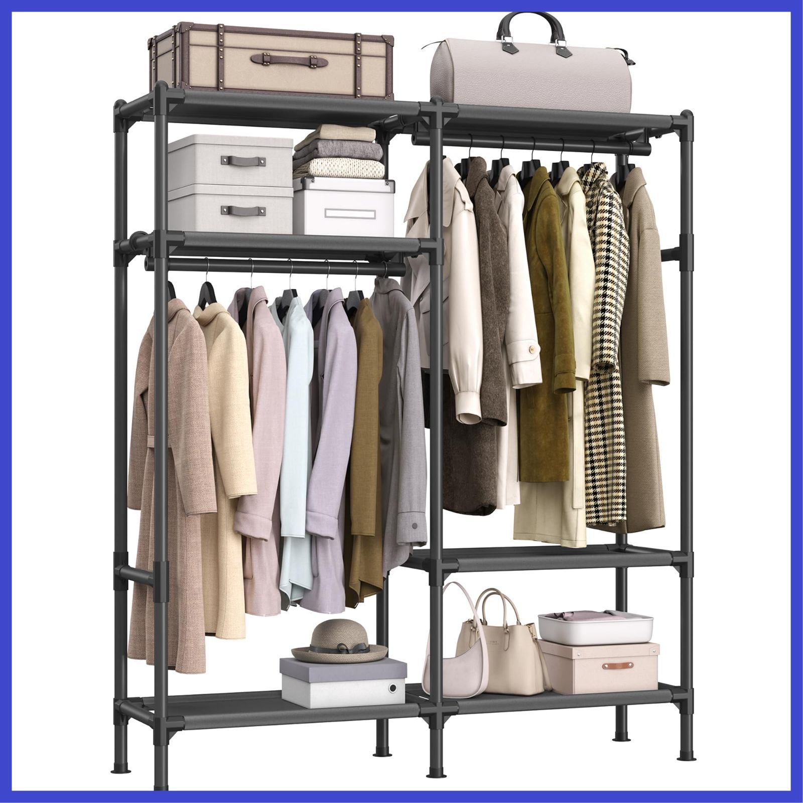 SONGMICS ハンガーラック 頑丈 大容量洋服かけ 耐荷重110kg 幅165cm 衣装収納 パイプハンガー 服かけスタンド 棚付き ひとり暮らし 組立簡単 RDR201B02