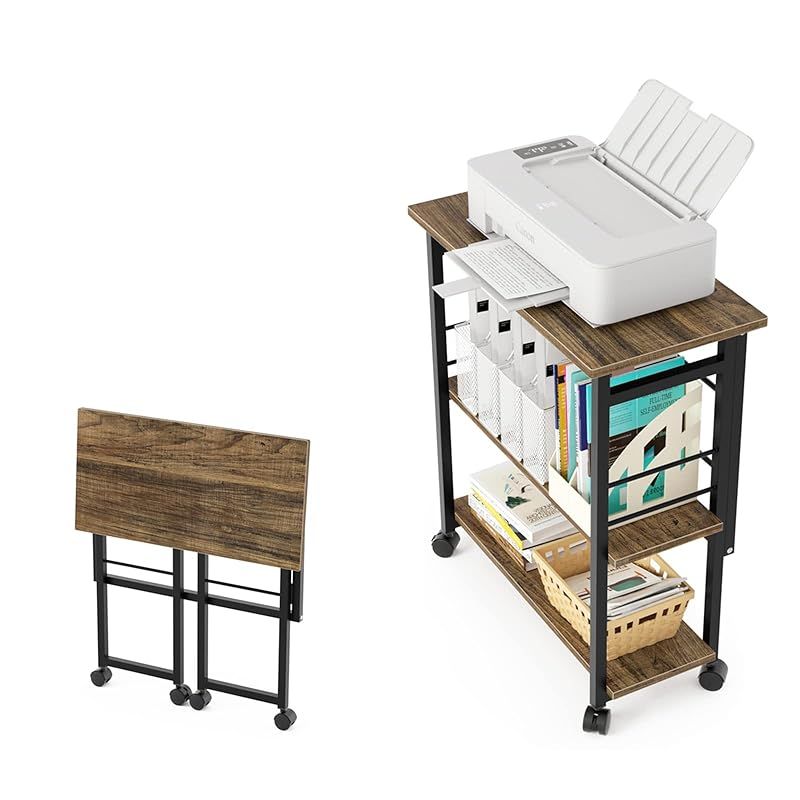 DEWEL 折りたたみデスク 収納ラック パソコンデスク 幅60×奥行30×高さ70cm 組立簡単 キャスター付き 棚板高さ調整 拡張用 在宅勤務 作業台 テレワーク コンパクトプリンタ台 サイドラック 1