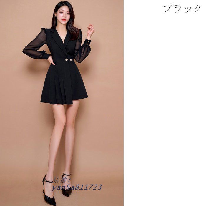 襟付きカシュクール シースルー長袖プリーツミニスカートワンピース 黒 白 キャバ スナック セクシー 韓国 ドレス yan5a811723