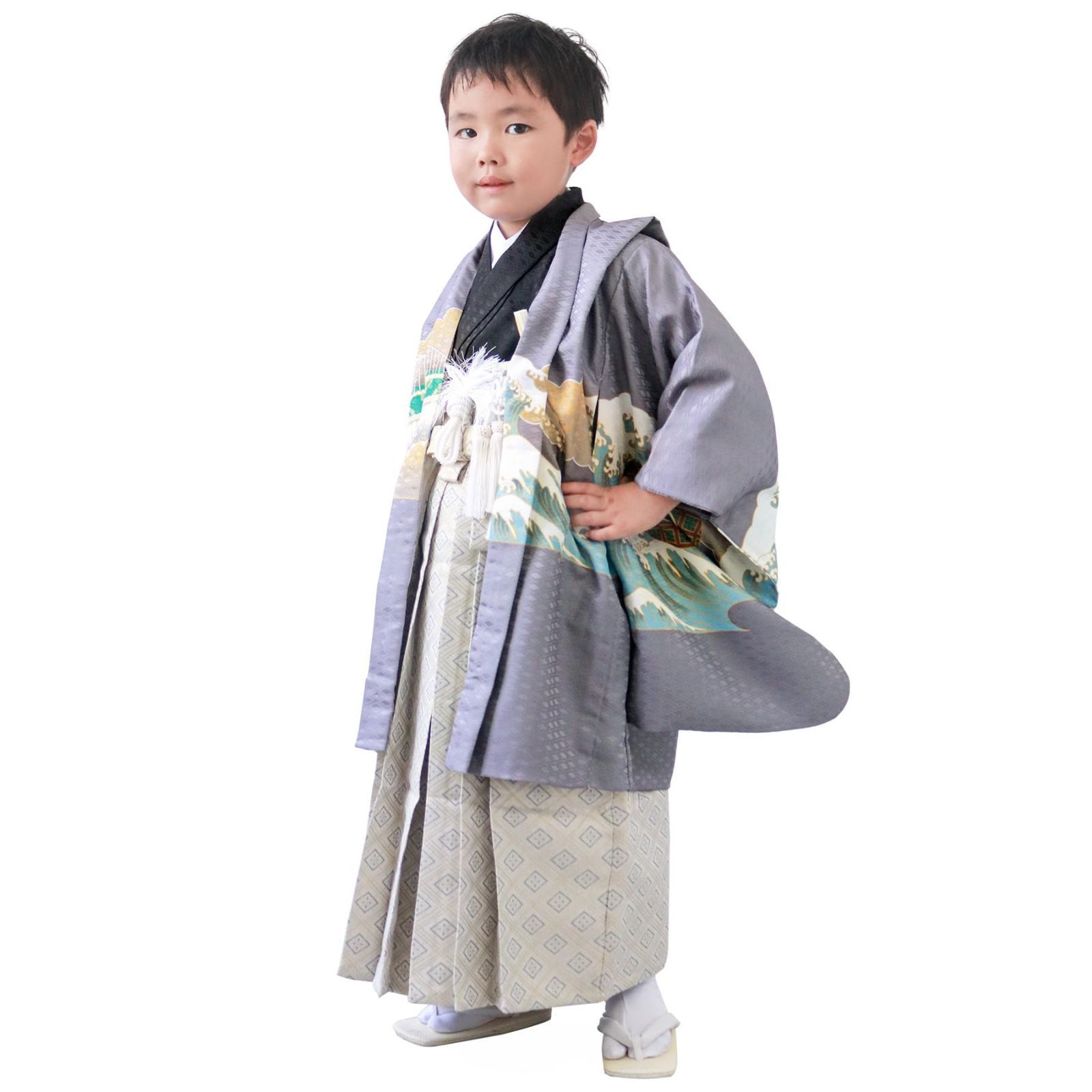 KYOETSU キョウエツ 七五三 5歳 男の子 着物 セット 羽織 袴 フルセット 753 鷹兜松 B 06 兜龍-灰 業平菱 袴 紐下60cm