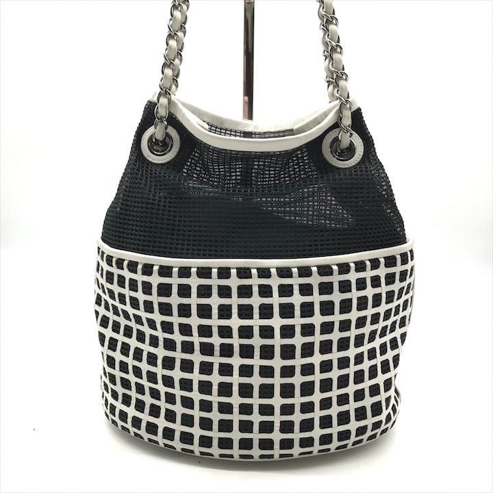良品 CHANEL シャネル ココマーク SV金具 バイカラー メッシュ 巾着  
