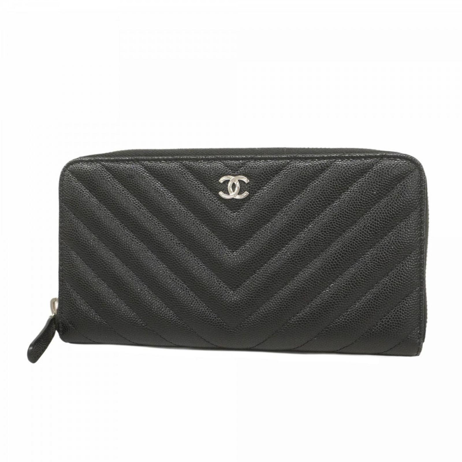 シャネル Chanel シャネル 長財布 Vステッチ キャビアスキン ブラック レディース