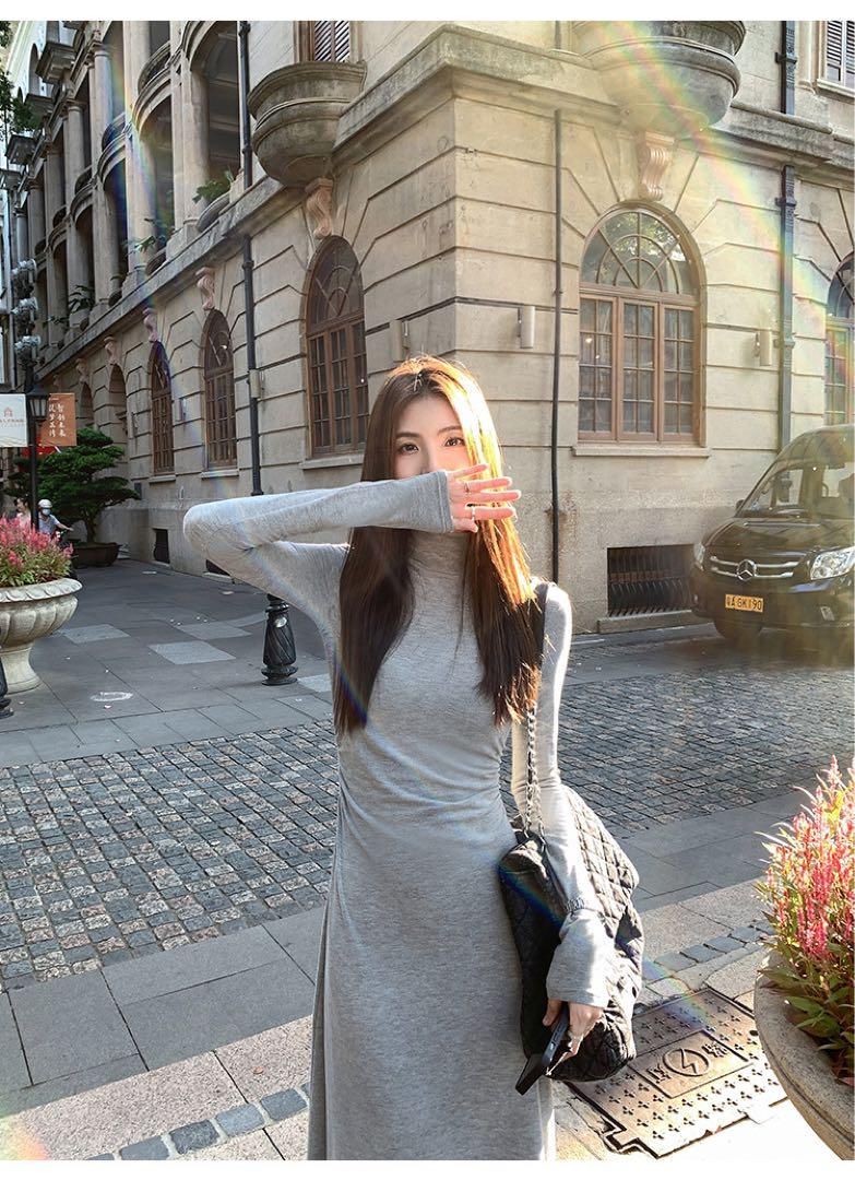 ♥ ハイカラーニットスリムフィットAラインロングワンピース春の女子会デートにピッタリ