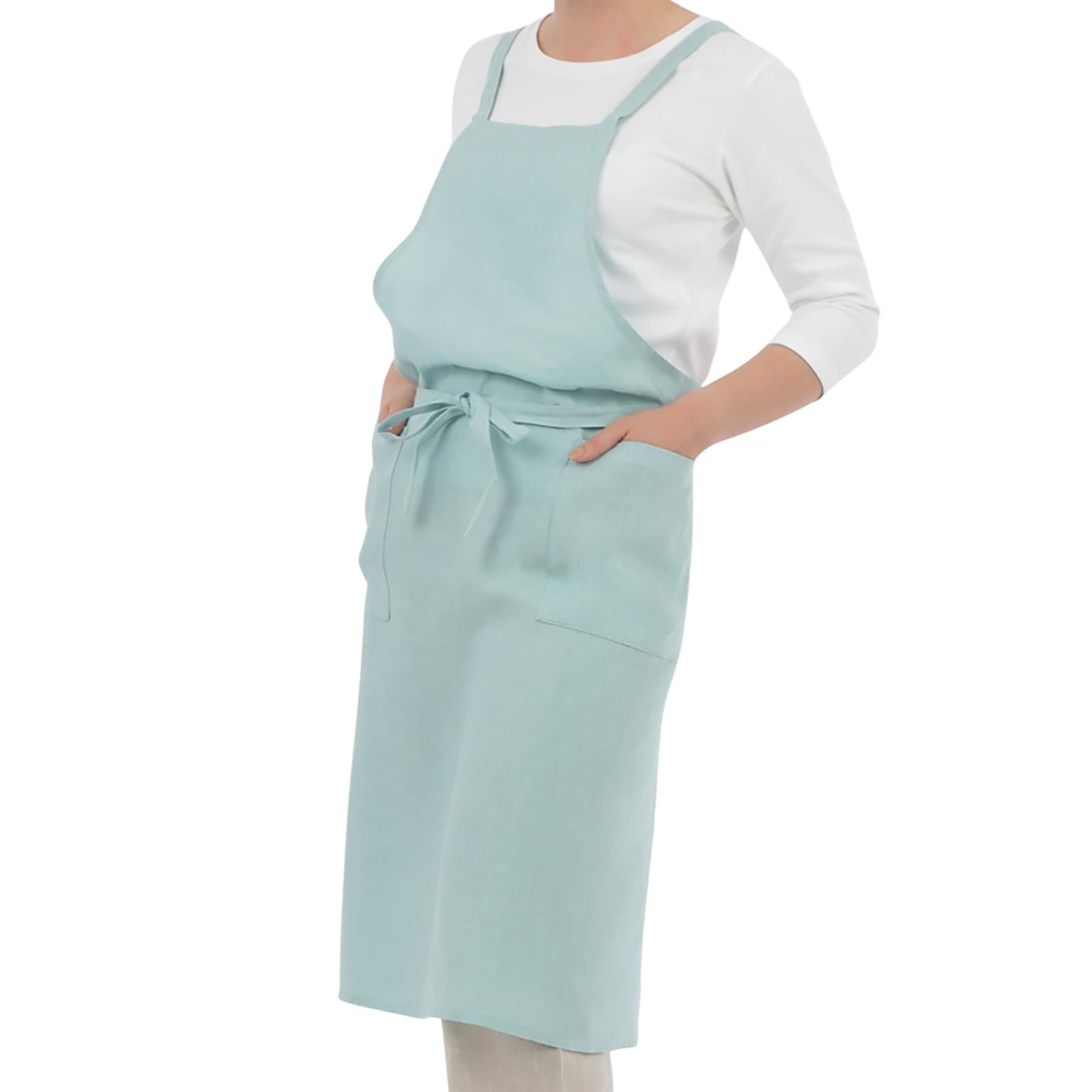 LINEN - BASIC エプロン クロスタイプ リネン ミント 汚れが落ちやすい ポケット 紐止め バッククロス 光沢感 上品 麻 総丈 95cm 身幅 95cm