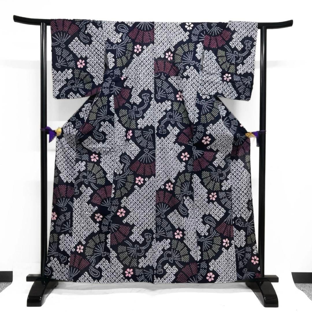 浴衣 有松鳴海絞り 扇 花模様 鹿の子 藍染 ネイビー 着物 035a d