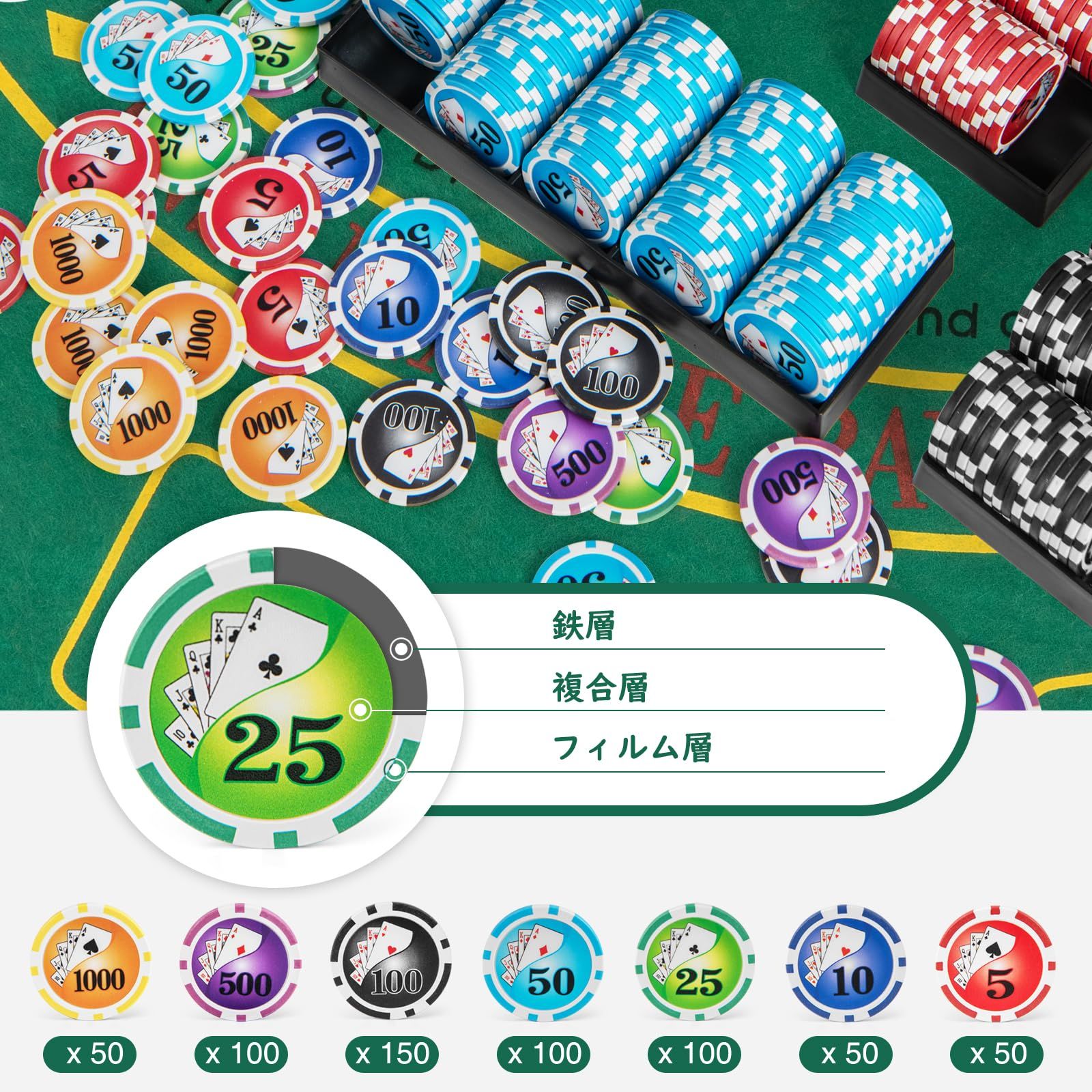 COSTWAY ポーカーセット 数字入り 600枚チップ ポーカーチップ