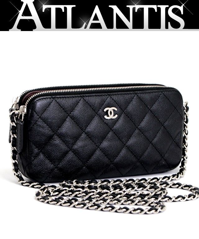 美品 シャネル CHANEL マトラッセ チェーンウォレット ポシェット スマホケース キャビア 黒 S金具 【66946】